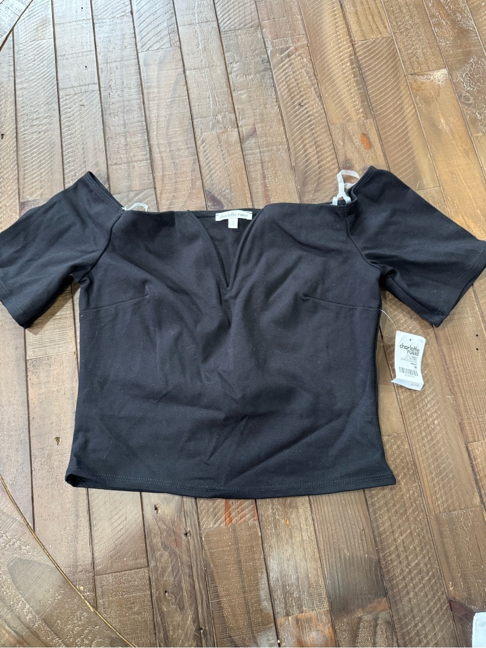 Charlotte Russe Black Off-the-Shoulder Short Sleeve Crop Top